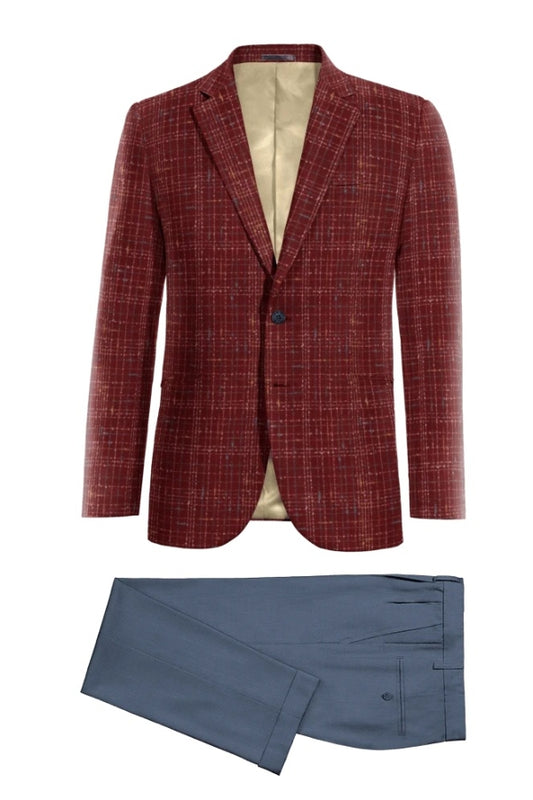 Red Plaid Stylish Wool Business Suits For Men