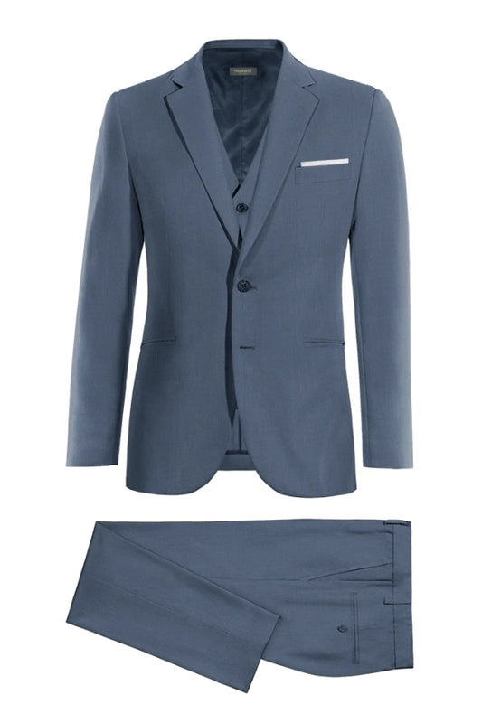 Stylish Blue 3 Pieces Wool Close Fitting Business Suits