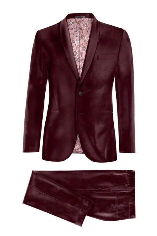 Trendy Burgundy Shawl Lapel Velvet Business Men Suits
