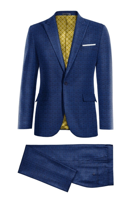 Formal Dark Blue Plaid Peaked Lapel Wool Suits For Men