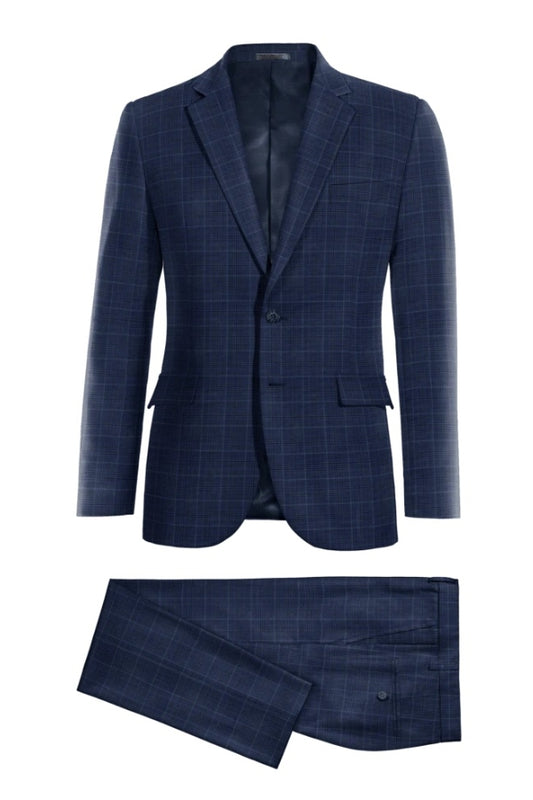 Bespoke Dark Blue Plaid Wool Notched Lapel Business Men Suits