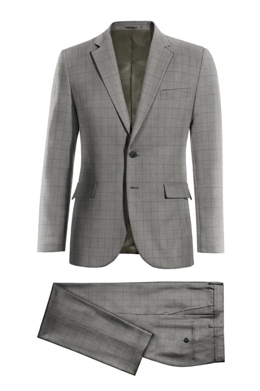 Handsome Gray Plaid Wool Notched Lapel Business Suits For Men