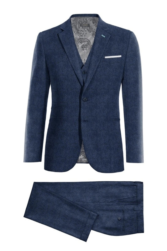 Stylish Dark Blue Notched Lapel 3 Pieces Wool Business Suits