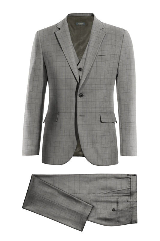 Fashion Gray Plaid 3 Pieces Notched Lapel Wool Business Suits