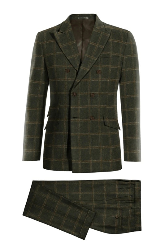 Newest Dark Green Plaid Peaked Lapel Double Breasted Wool Business Suits