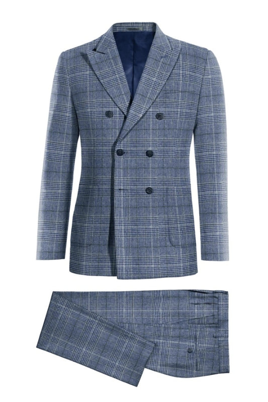 New Arrival Blue Plaid Notched Lapel Double Breasted Wool Business Suits
