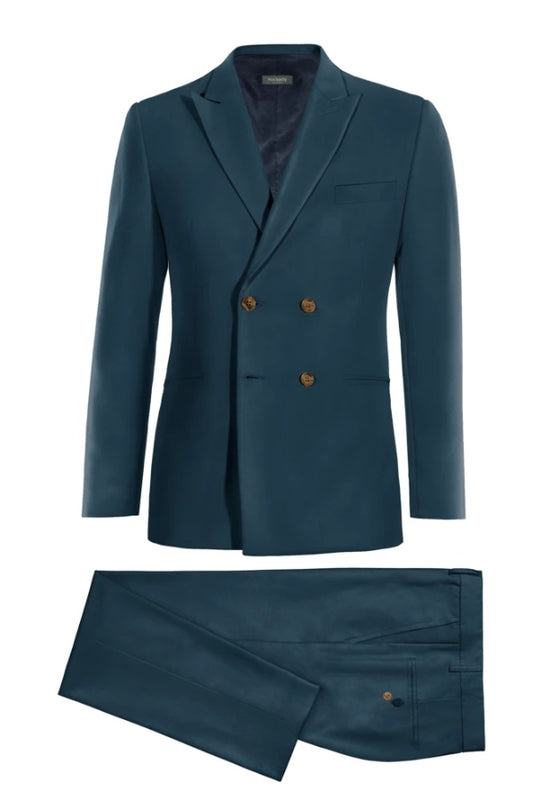 Formal Teal Peaked Lapel Double Breasted Wool Business Suits