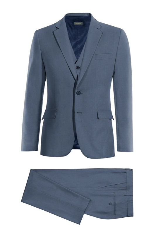 Formal Blue Notched Lapel Wool 3 Pieces Business Men Suits
