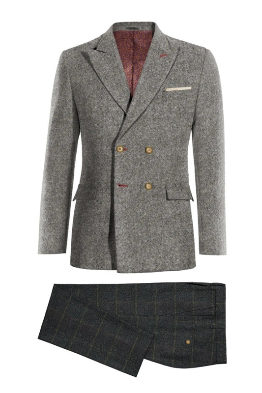 Modern Gray Peaked Lapel Wool Double Breasted 3 Pieces Business Men Suits