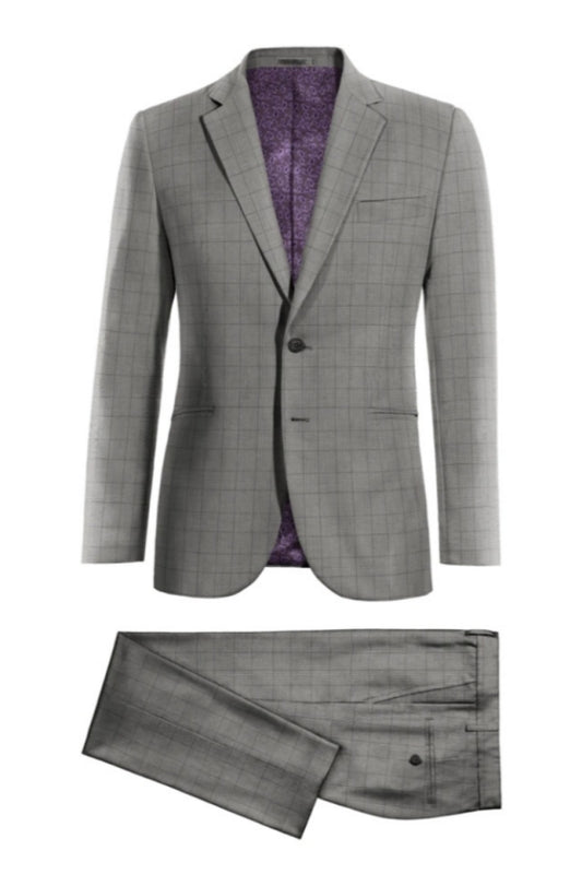 Fashion Gray Notched Lapel Wool Plaid Business Men Suits