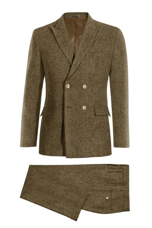 Stylish Brown Peaked Lapel Double Breasted Wool Business Men Suits