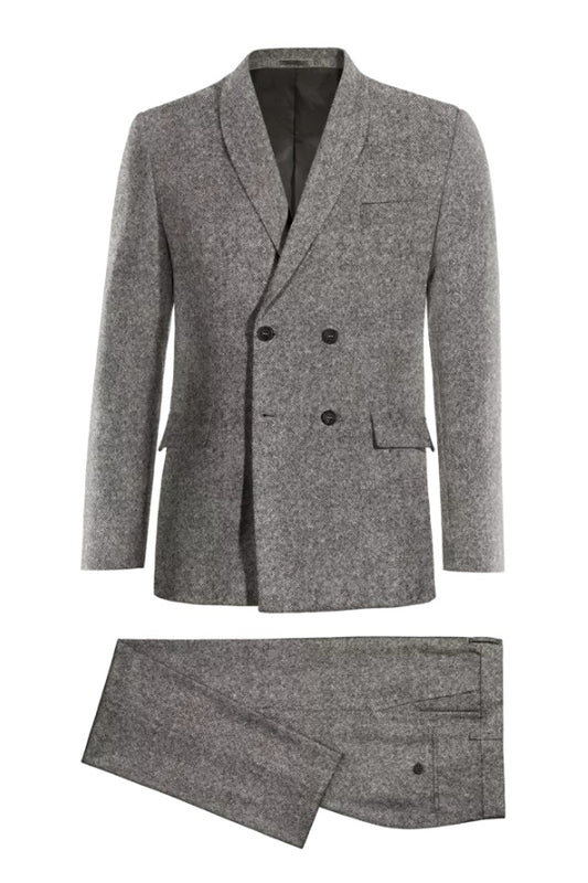 Modern Gray Peaked Lapel Double Breasted Wool Business Suits