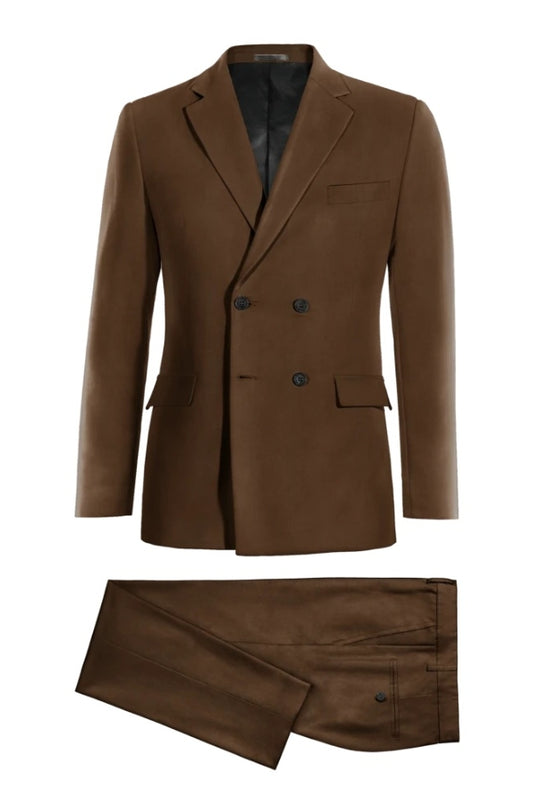 Gentle Brown Wool Notched Lapel Double Breasted Business Suits