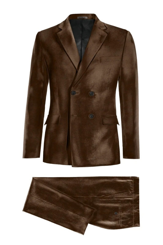 New Arrival Brown Notched Lapel Double Breasted Velvet Business Suits