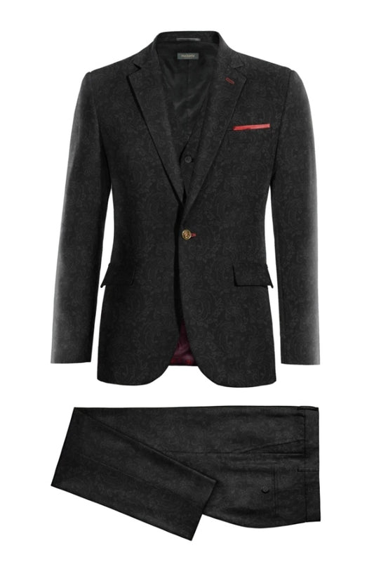Fashion Black Jacquard Wool 3 Pieces Business Suits