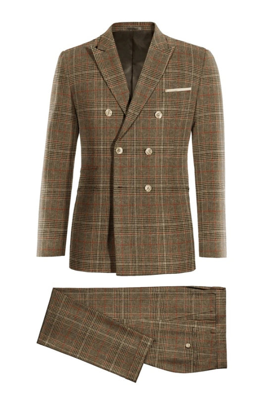 Bespoke Khaki Double Breasted Wool Plaid Business Men Suits