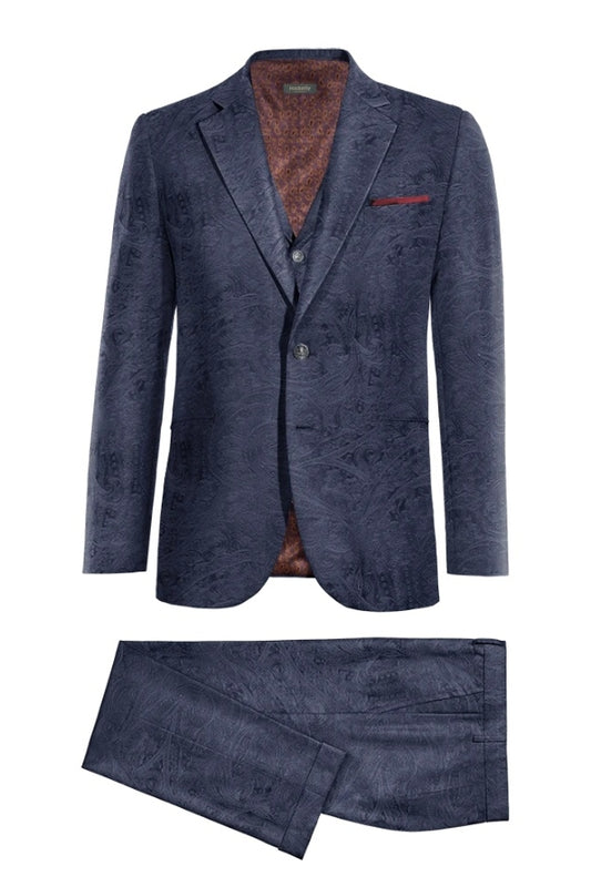 Modern Blue Jacquard Notched Lapel 3 Pieces Wool Business Men Suits