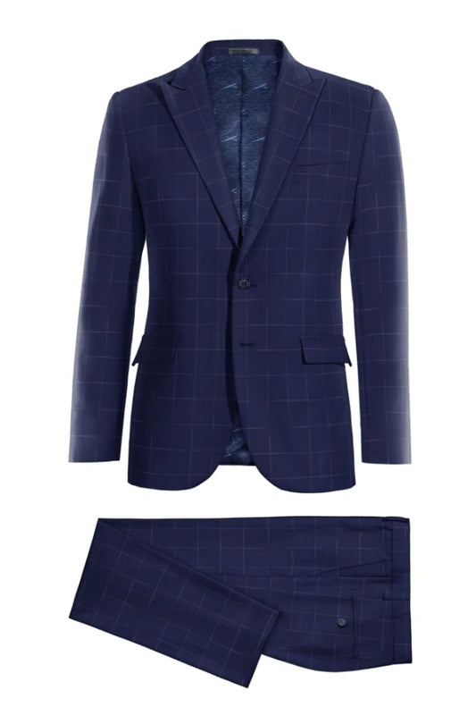 Best Fitted Blue Plaid Peaked Lapel Wool Business Men Suits