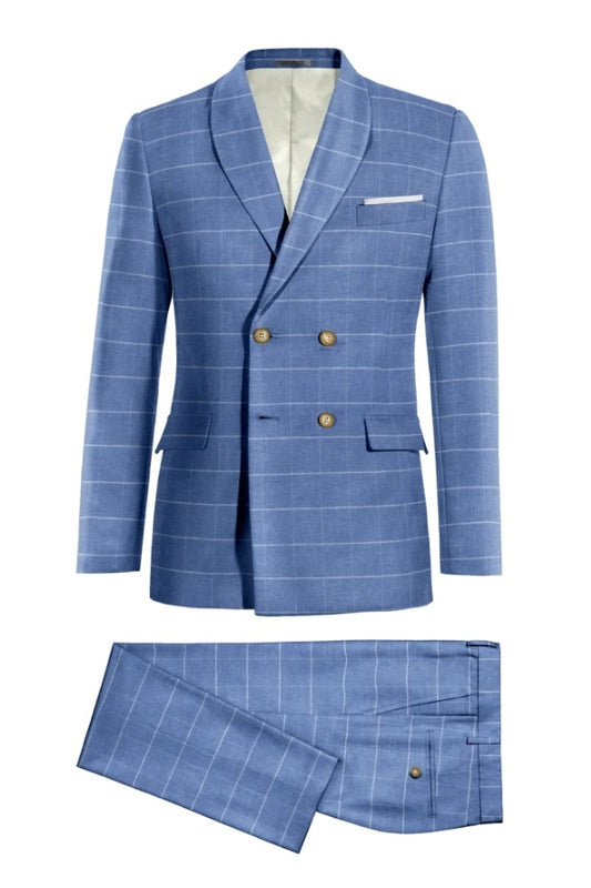 Handsome Blue Plaid Shawl Lapel Double Breasted Wool Business Men Suits