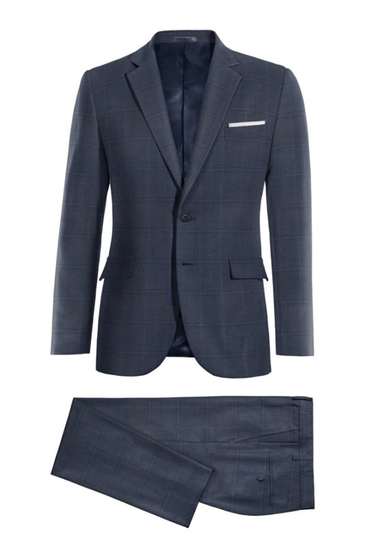 Newest Dark Blue Plaid Notched Lapel Wool Business Men Suits