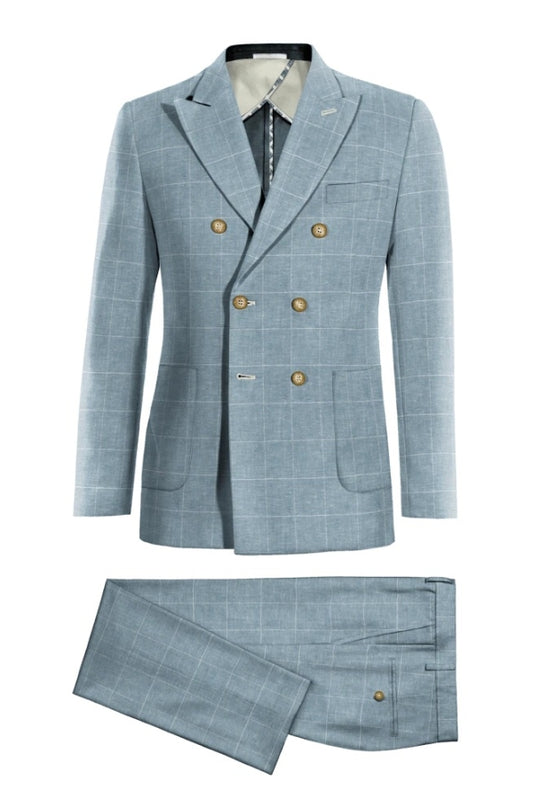 Trendy Blue Peaked Lapel Plaid Double Breasted Wool Business Men Suits