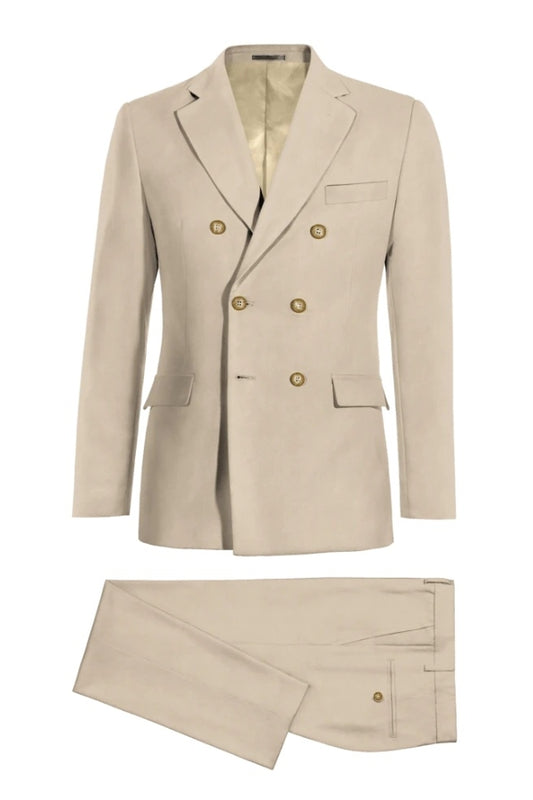 Fancy Light Khaki Notched Lapel Double Breasted Wool Business Men Suits