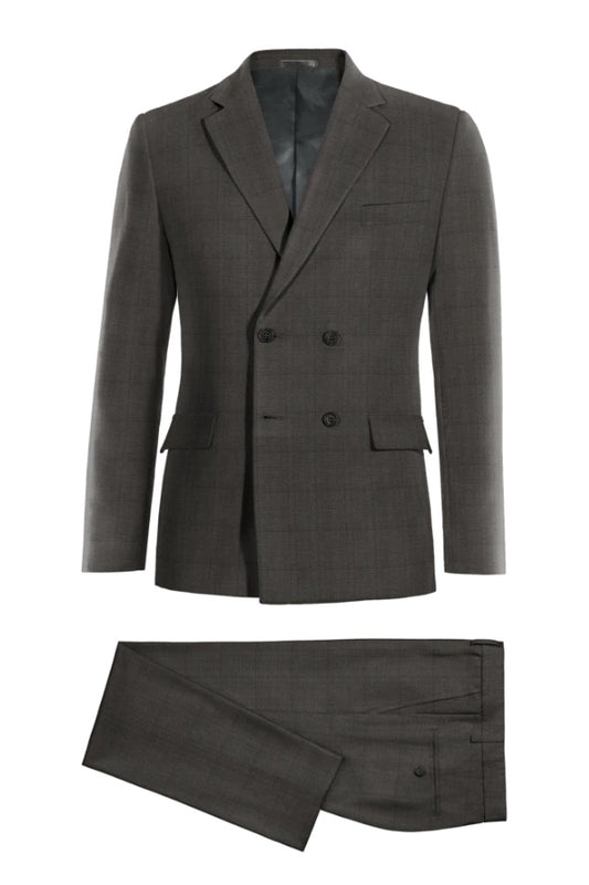 Chic Dark Gray Plaid Notched Lapel Double Breasted Wool Business Suits