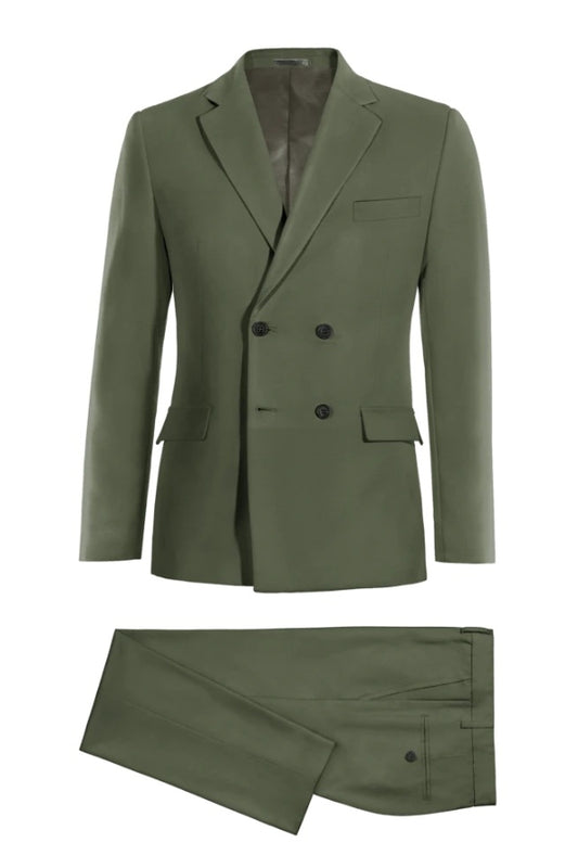 Fashion Green Double Breasted Notched Lapel Wool Business Suits