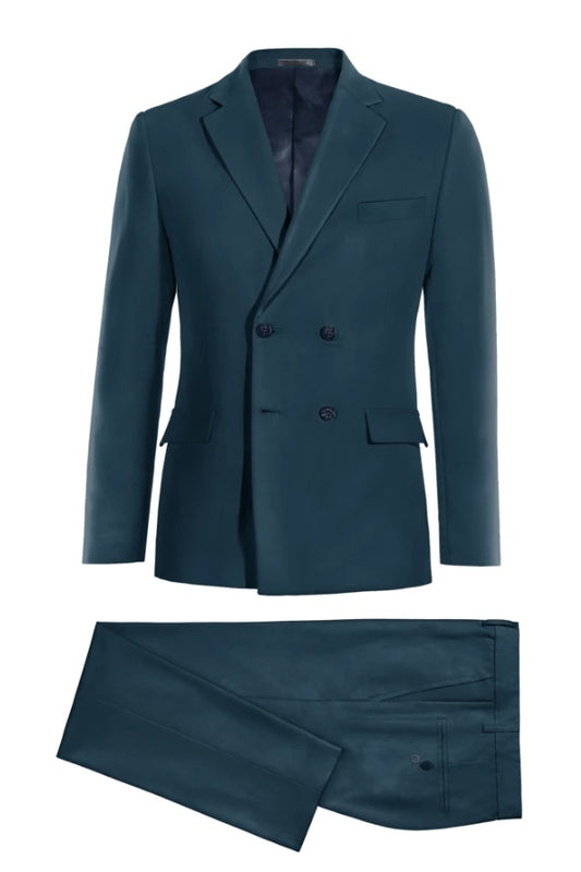 Best Fitted Teal Double Breasted Notched Lapel Wool Business Suits