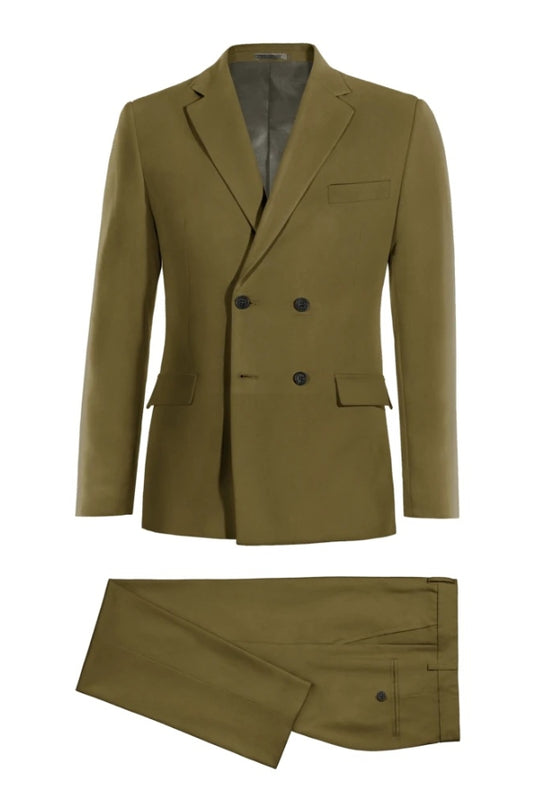 Close Fitting Green Double Breasted Notched Lapel Wool Business Suits