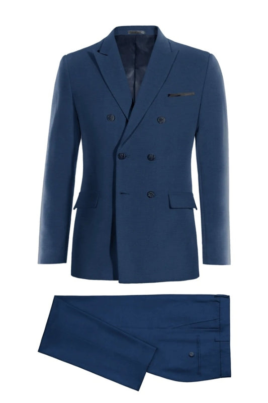 Fashion Dark Blue Double Breasted Peaked Lapel Wool Business Suits