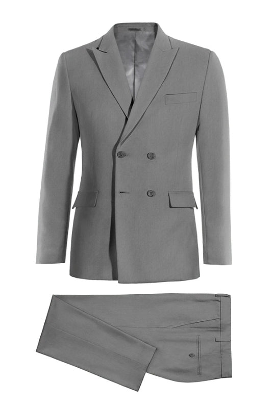 Handsome Gray Double Breasted Peaked Lapel Wool Business Suits