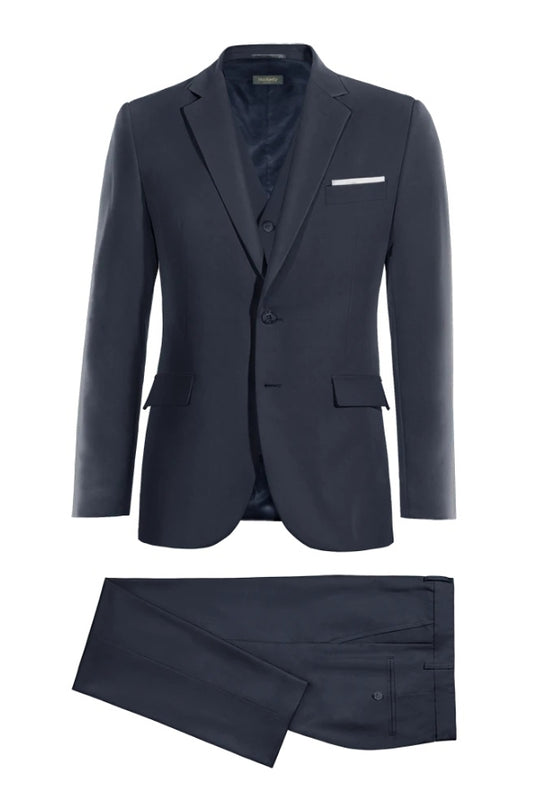 Modern Dark Blue 3 Pieces Notched Lapel Wool Business Suits