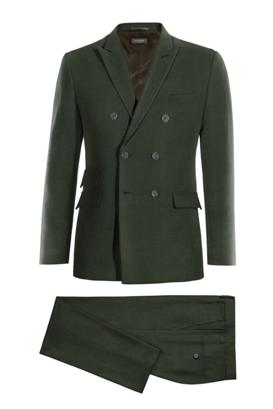Dark Green Best Fitted Peaked Lapel Double Breasted Wool Business Suits
