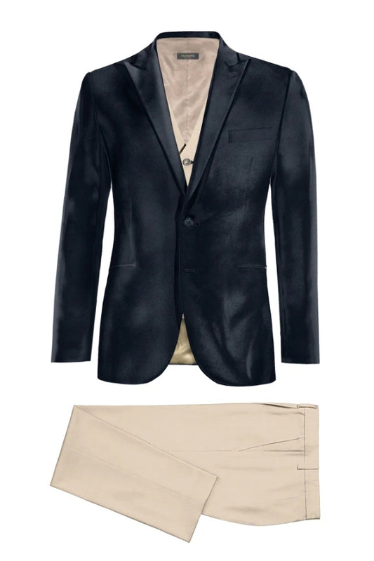 Gentle Dark Blue Velvet Peaked Lapel 3 Pieces Business Suits