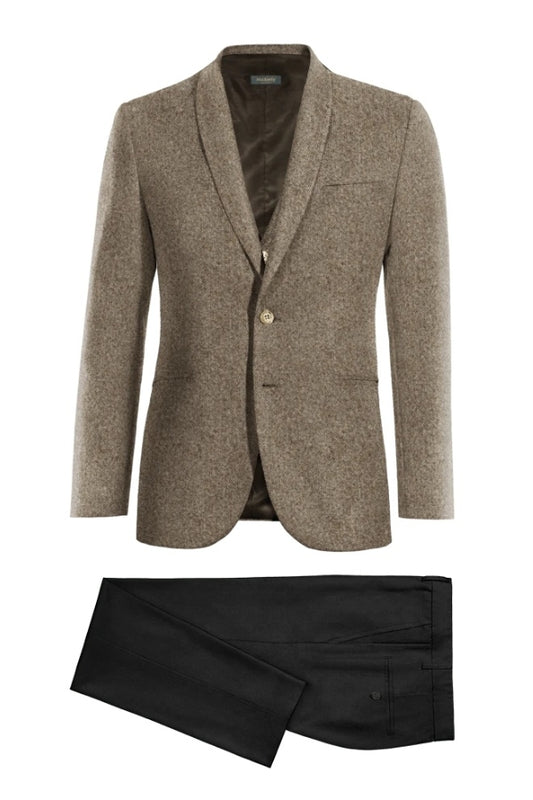 Light Brown Wool  Shawl Lapel 3 Pieces Business Suits With Black Pants