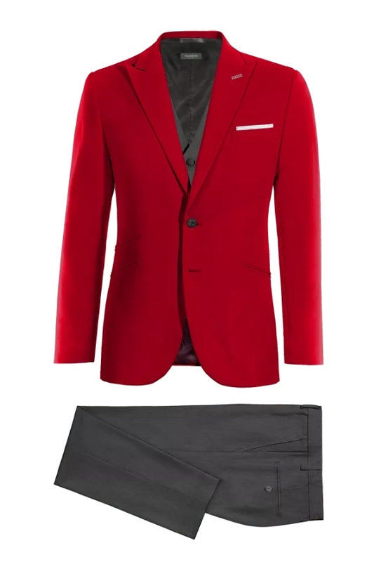 Trendy Red Peaked Lapel 3 Pieces Wool Business Suits With Gray Pants