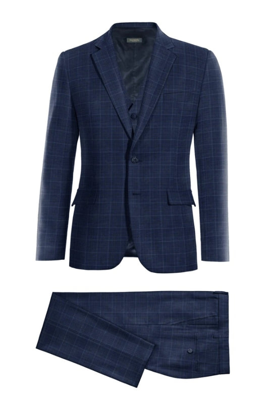 Stylish 3 Pieces Blue Plaid Notched Lapel Wool Business Suits