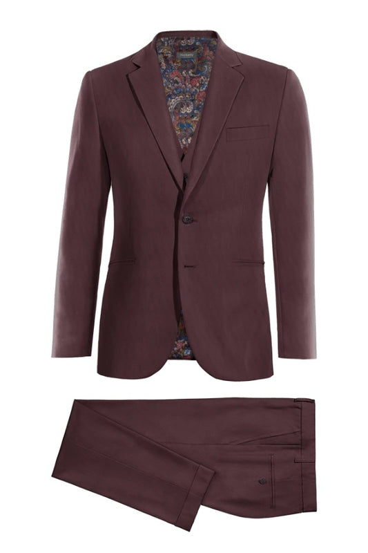 Bespoke Burgundy 3 Pieces Notched Lapel Wool Business Suits