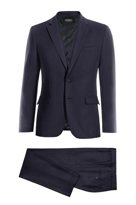 Stylish Dark Blue Striped Notched Lapel Wool Business Suits With Waistcoat