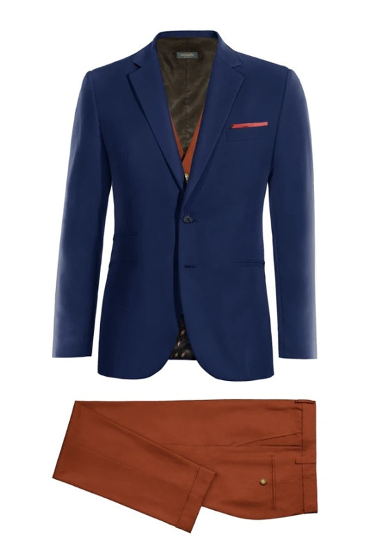 Beautiful Navy Notched Lapel Wool Business Suits With Brown Waistcoat And Pants