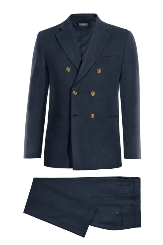 Formal Dark Blue Double Breasted Notched Lapel Wool Business Suits