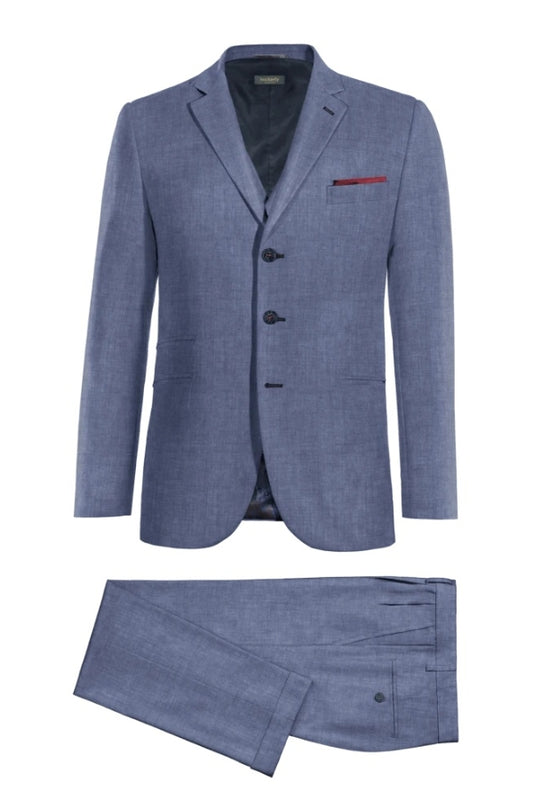 Handsome Blue Notched Lapel Wool Business Suits With Waistcoat