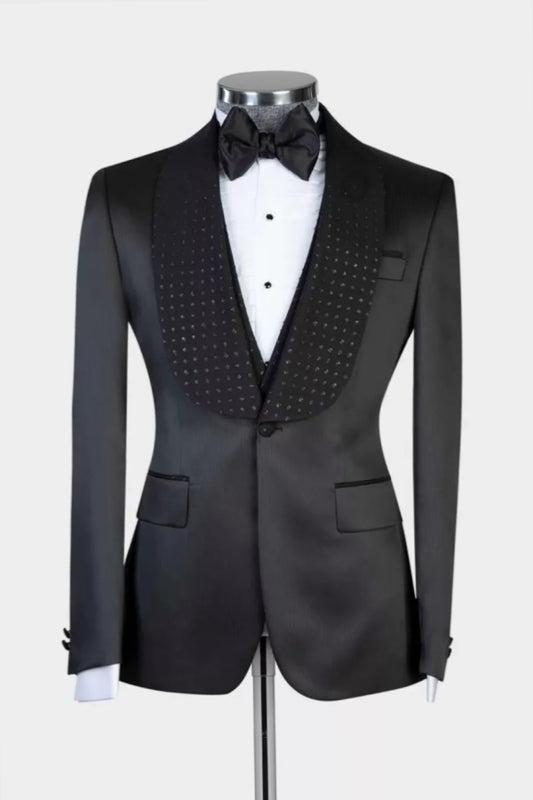 Modern Black 3 Pieces Beaded Shawl Lapel Wool Wedding Suits