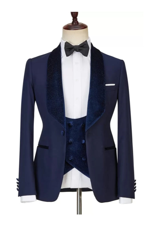 Handsome Navy Blue 3 Pieces Sparkle Velvet Shawl Lapel Wool Wedding Suits