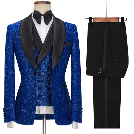 Chic Royal Blue Sequins 3 Pieces Shawl Lapel Wedding Suits