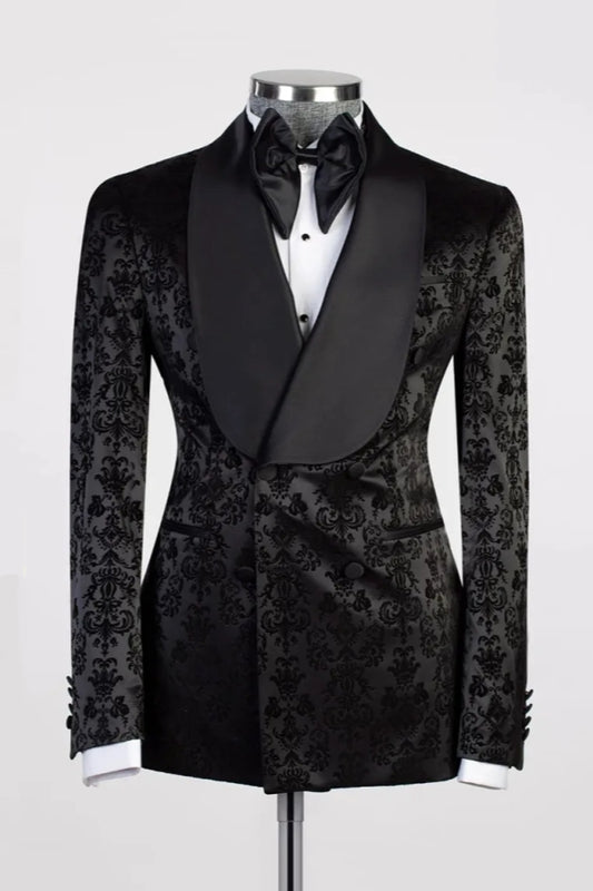 Best Fitted Black Floral Jacquard Double Breasted Shawl Lapel Wedding Suits