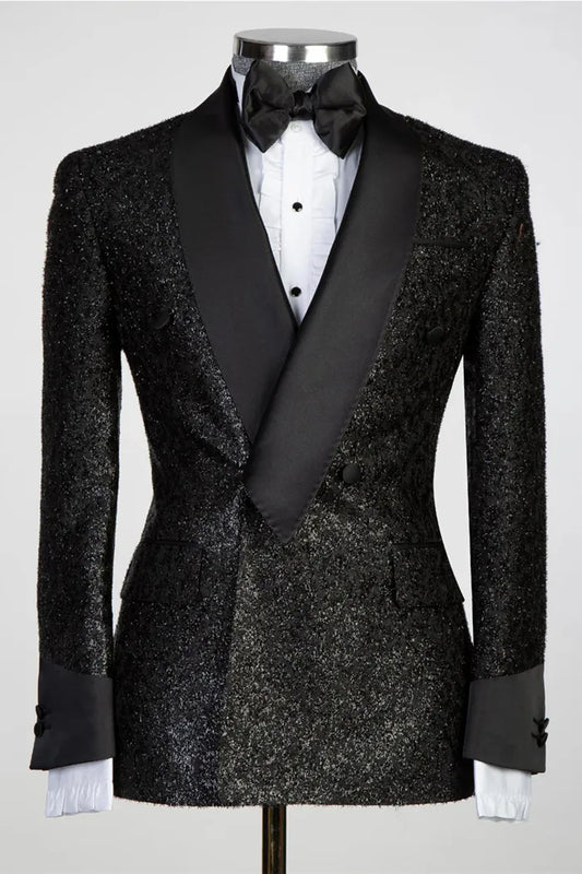 Sparkle Black Double Breasted Shawl Lapel Wedding Suits With Ribbon Belt