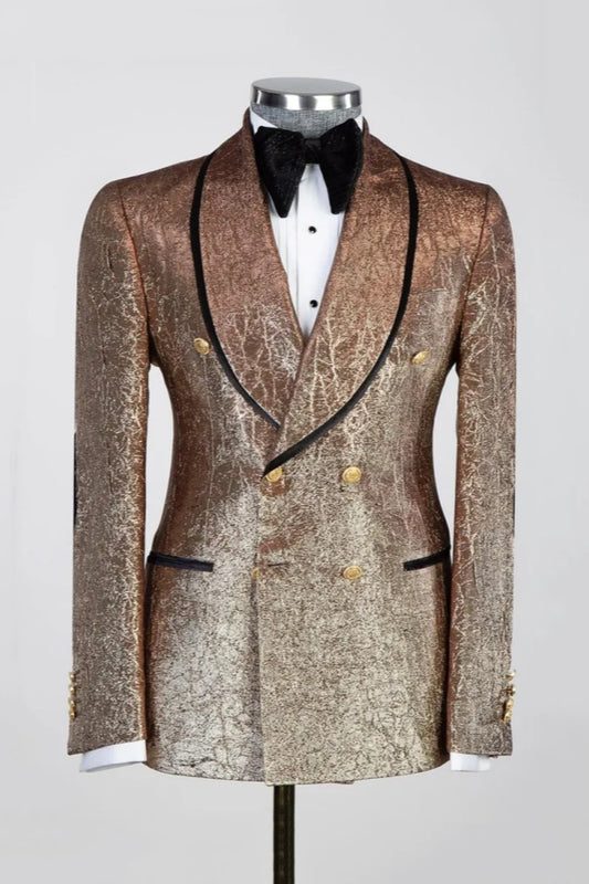 Stylish Bronze Jacquard Double Breasted Peaked Lapel Wedding Suits