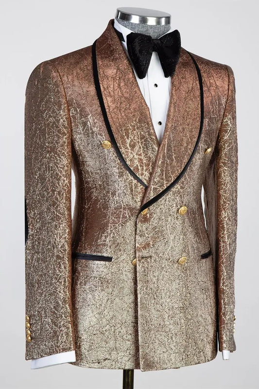 Stylish Bronze Jacquard Double Breasted Peaked Lapel Wedding Suits